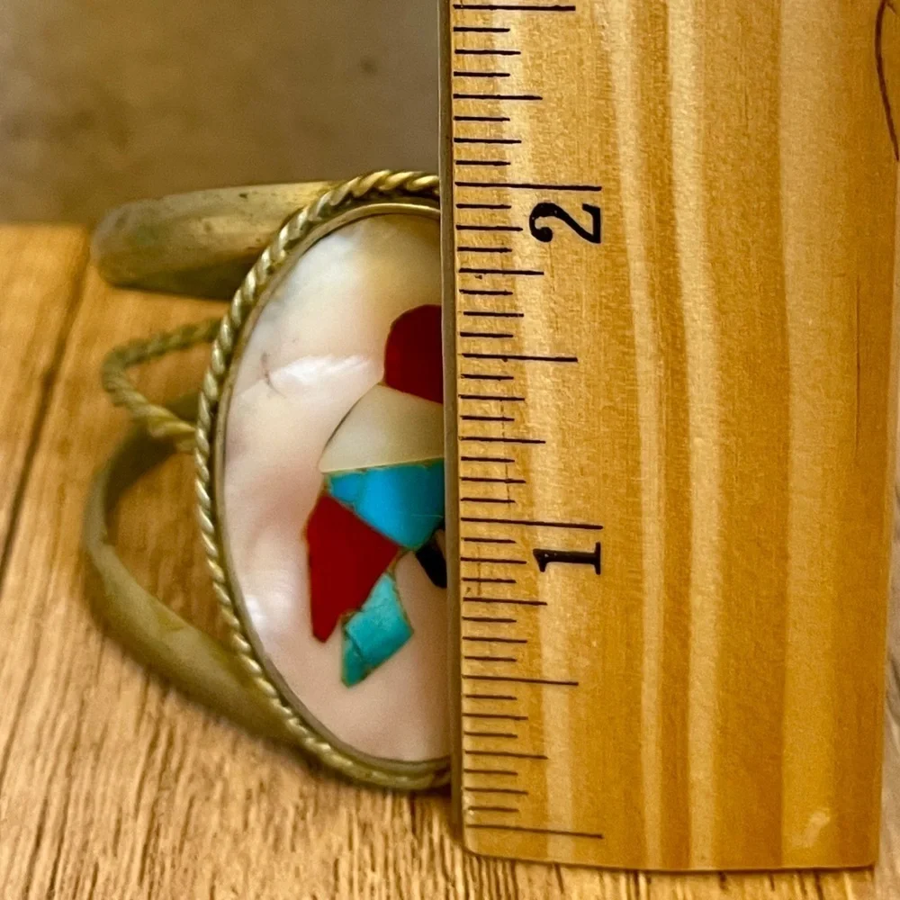 Zuni Turquoise and Coral Inlaid Stone Sterling Silver Bird Cuff Bracelet